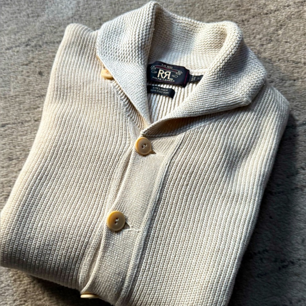 RRL Ralph Lauren Double RL Beige Men's shawl collar Linen Cardigan size -L - Picture 2 of 7